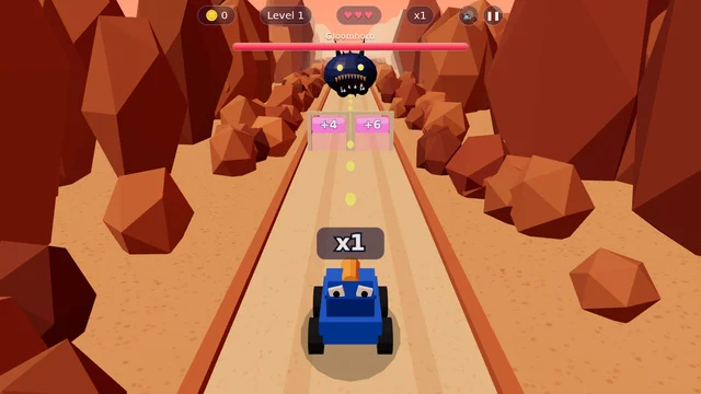 Free online 3D buggy racing shooter game with a blue buggy, boulders and a horned dragon boss