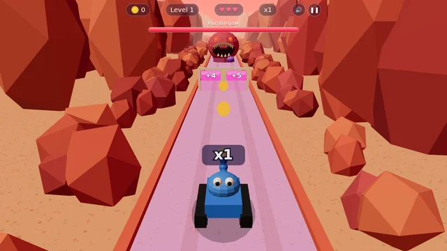 Free online 3D cannon tank game with a blue trunk cannon, stone gates and a giant stone dino boss