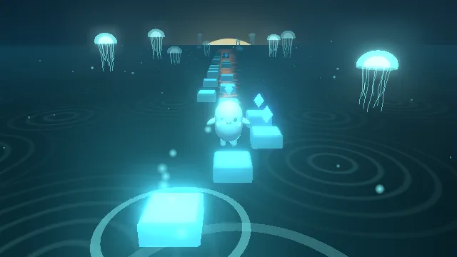 Free online 3D rhythm game with a little ghost hopping on glowing slabs over a moonlit sea with jellyfish
