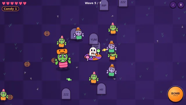 Free online Halloween top-down shooter with a ghost-costume kid and silly green zombies in costumes on a graveyard lawn